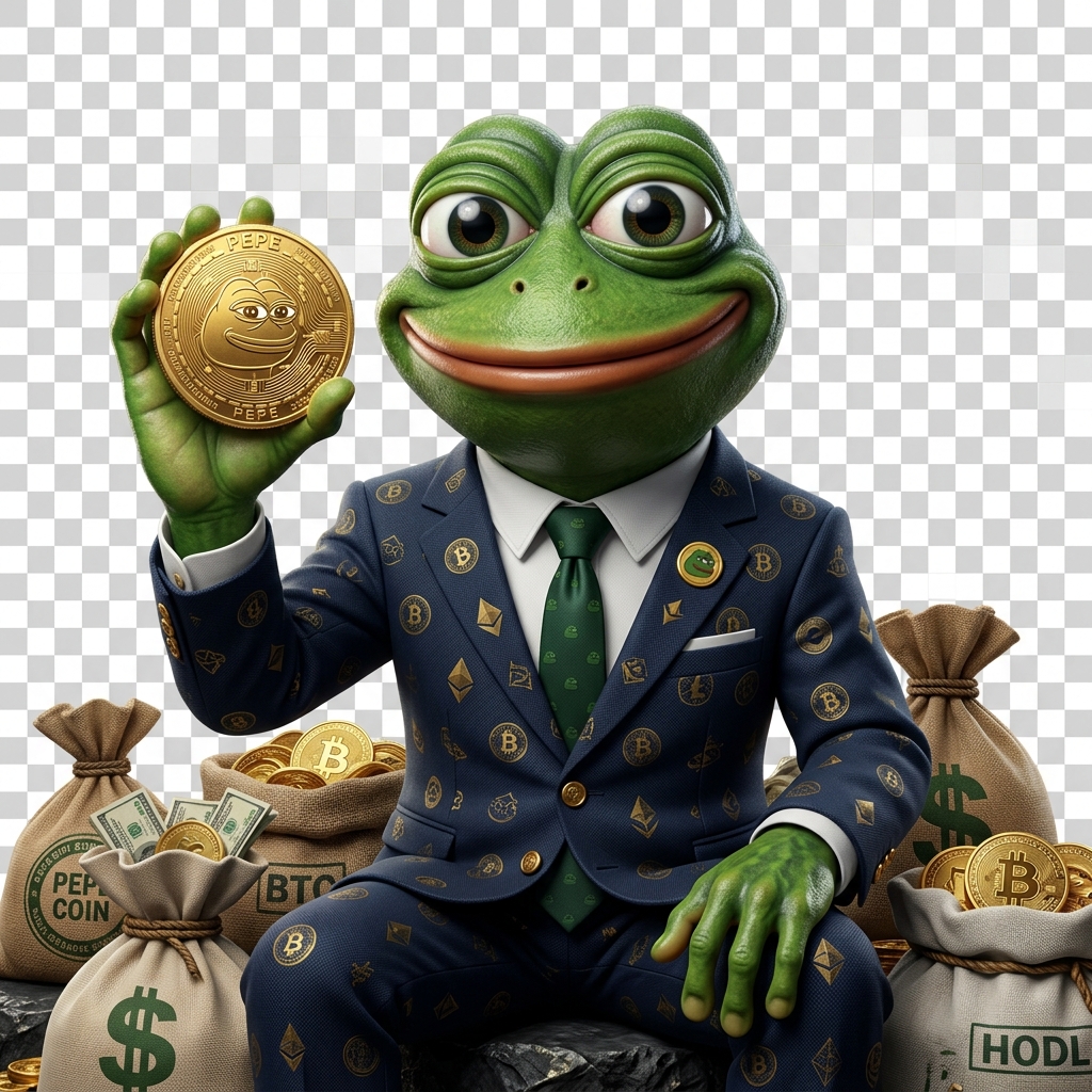 Pepe the Frog maskot PEPE Coin crypto, memegang koin emas